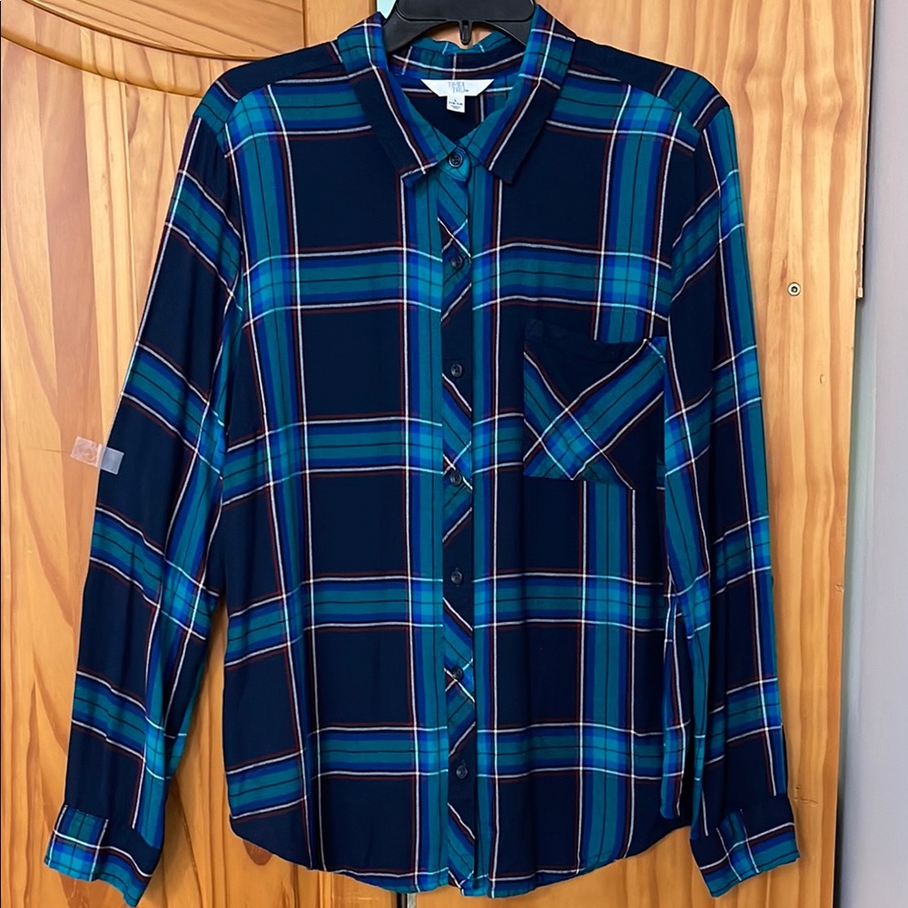 TIME AND TRU PLAID BLOUSE WOMENS L BLUE GREEN TOP SHIRT LONG SLEEVE ACADEMIA